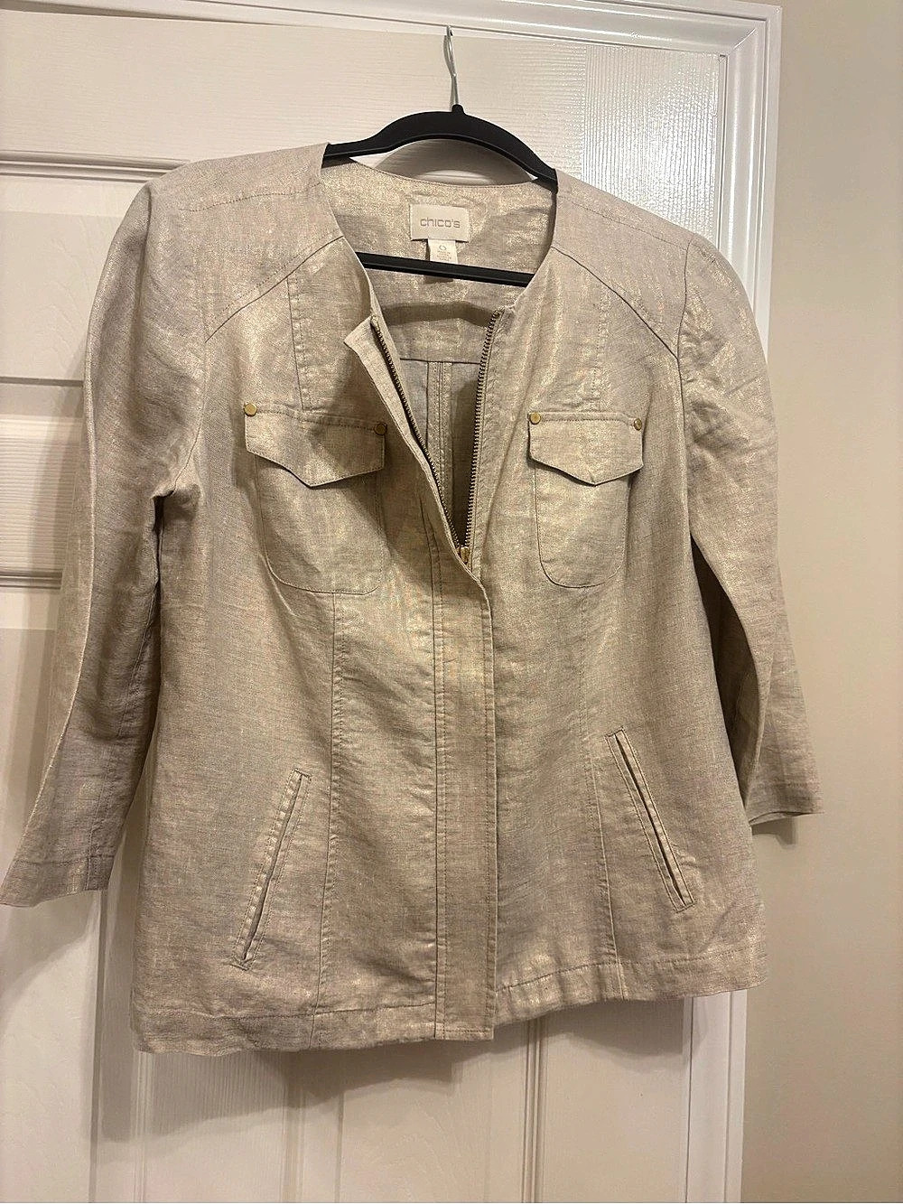 Chico's Metallic Foil Linen Zip Jacket Cream Size 0